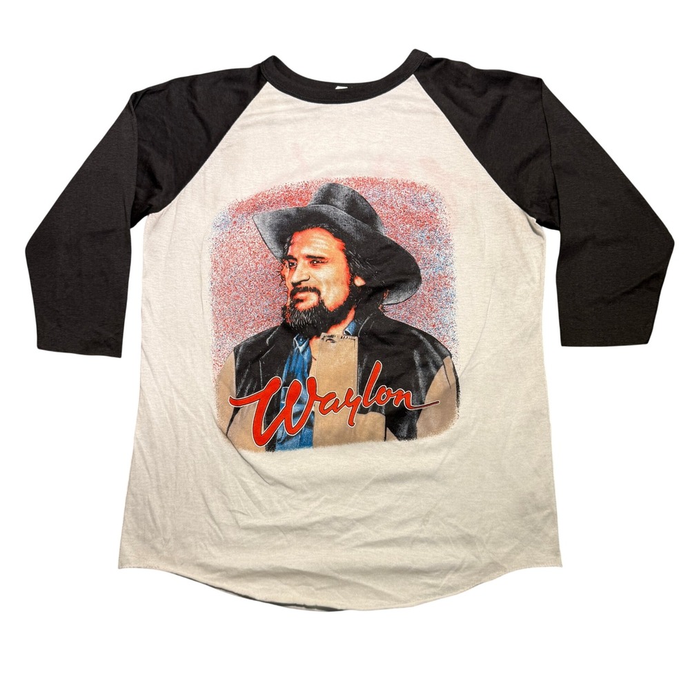 Vintage Waylon Jennings 1985 On The Road Concert Raglan Shirt Black White